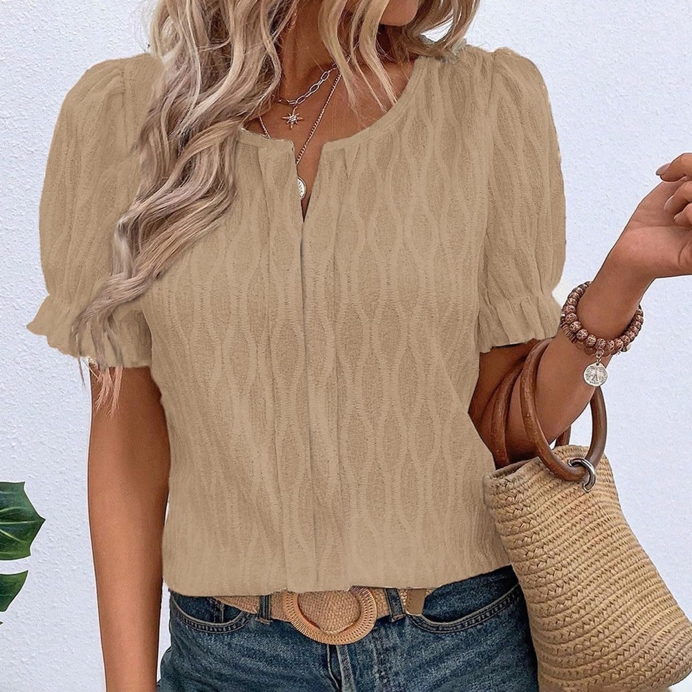 Beige Textured Puff Sleeve Short Sleeve Top